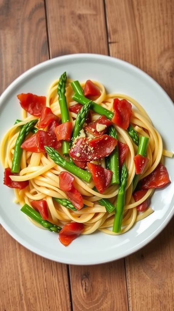 A bowl of pasta featuring bacon and asparagus, garnished with black pepper on a rustic table.
